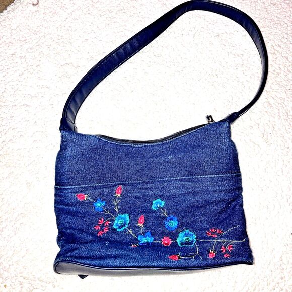 1970s 10X7 8 Pkt Croft & Barrow Denim Jean Embroidered Floral Shoulder Bag Purse - Picture 1 of 7